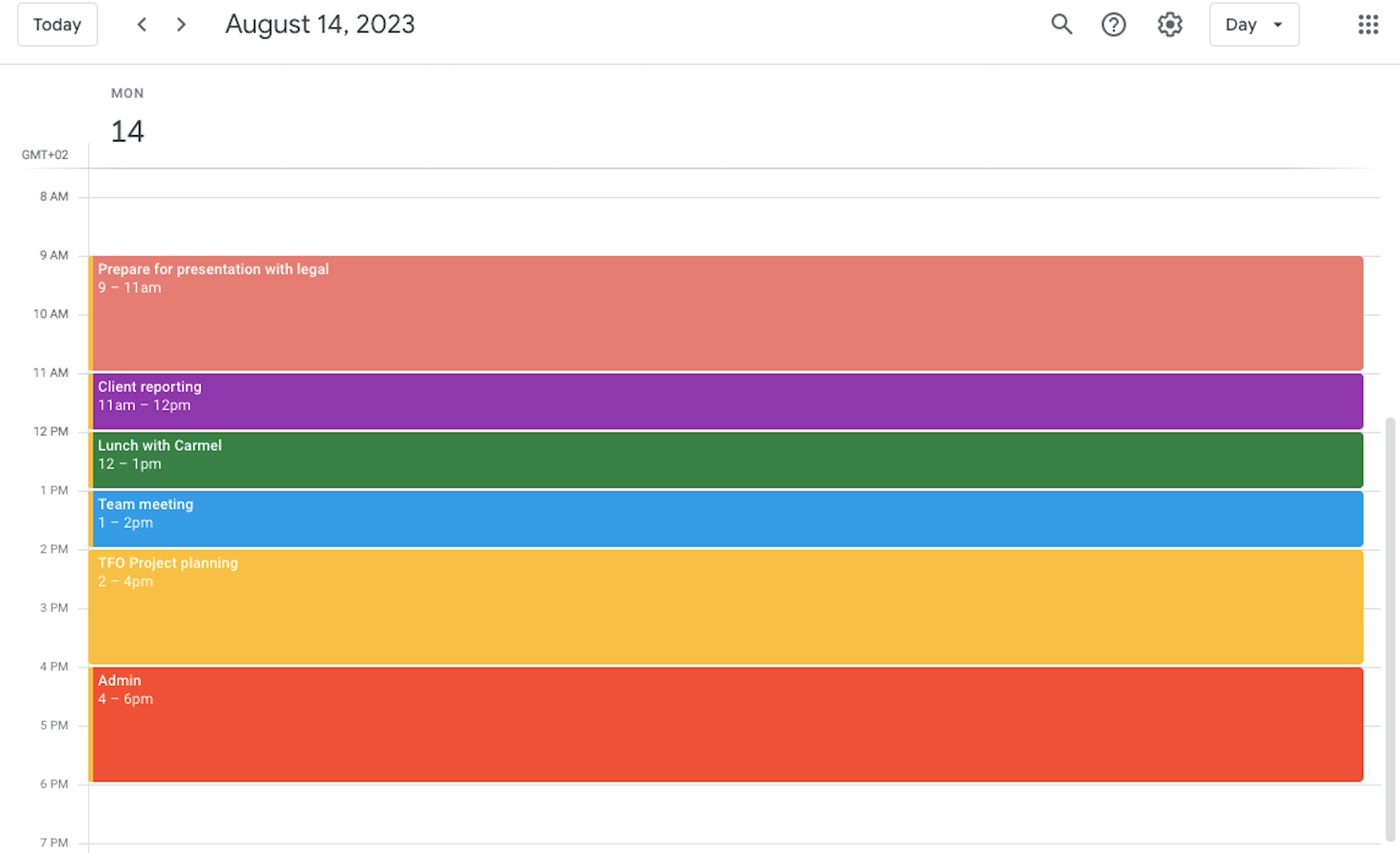 A four-day calendar view showing time blocks in different colors representing deep work, reviews, meetings, and administration across each workday